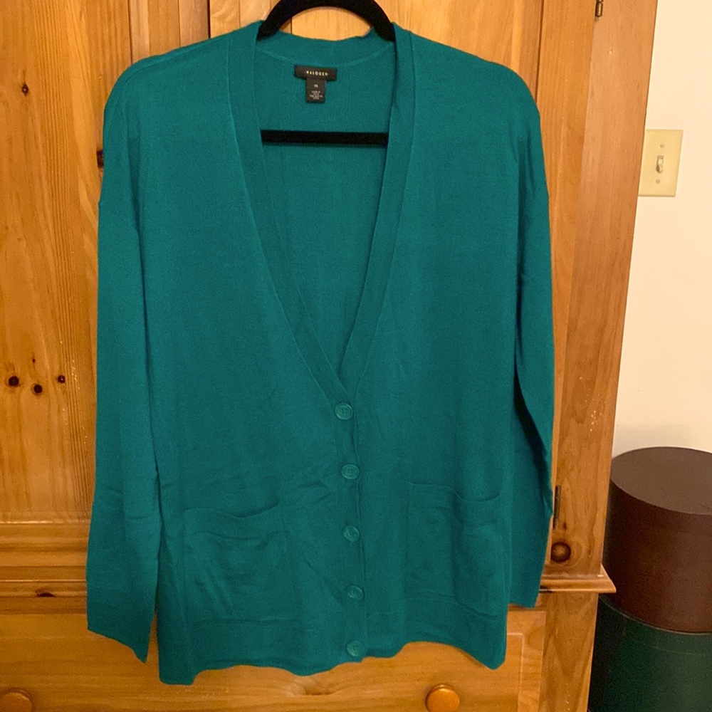 Kelly green Halogen Merino wool blend cardigan.